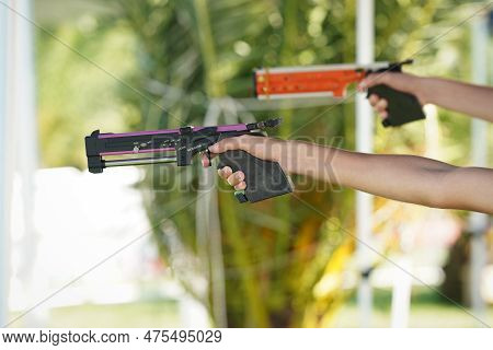 Istanbul, Turkiye - July 02, 2022: Undefined Athlete Competing In Laser Pistol Shooting Component Of