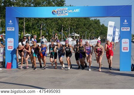 Istanbul, Turkiye - July 02, 2022: Athletes Competing In Running Component Of Modern Pentathlon Duri