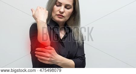 Wrist Pain. Painful Hand With Red Spot Closeup. Sprain, Fracture. Arthritis, Office Syndrome. Health