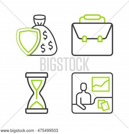 Set Line Trading Courses, Old Hourglass, Briefcase And Shield And Money Bag Icon. Vector