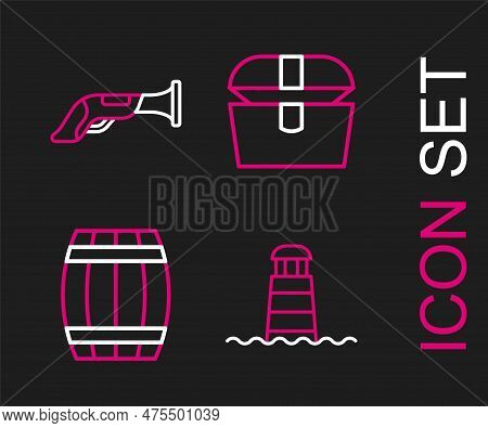 Set Line Lighthouse, Wooden Barrel, Antique Treasure Chest And Vintage Pistol Icon. Vector