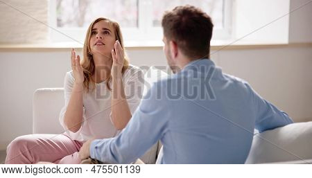 Couple Fight And Quarrel. Man Arguing With Frustrated Woman