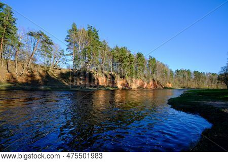 The Red Banks Of Sandstone. Salaca River, Red Cliffs, Latvia