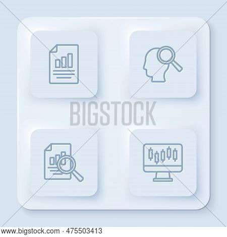 Set Line Document With Graph Chart, Search People, And Stocks Market Growth Graphs. White Square But