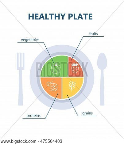 Healthy Plate Concept. Infographics For Website. Vegetables, Fruits, Proteins And Grains. Vegetarian