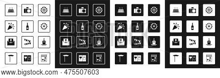 Set Firework, Champagne Bottle, Festive Confetti, Cake With Burning Candles, Photo Camera, And Invit
