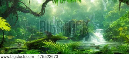 Green Tropical Rainforest With Waterfall And Stones On A Sunny Day, Wildlife Vector Illustration, Na