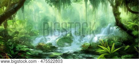 Green Tropical Rainforest With Waterfall And Stones On A Sunny Day, Wildlife Vector Illustration, Na