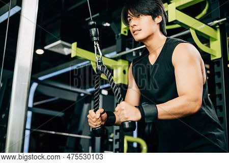Asian Man Using A Cable Machine To Do Tricep Pulldowns, Focusing On Building Strength And Maintainin