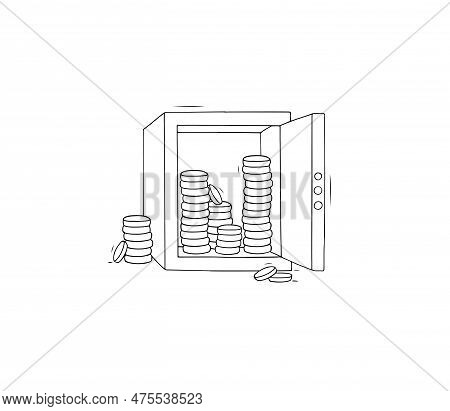 Metal Safe With Open Door And Coin Stacks. Concept Of Money Safety, Protection. Vector Hand Drawn Il