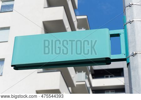 Street Name Pole. Signpost Isolated On Nlue Sky. Empty Copy Space. Blank Information Place. Tourist 