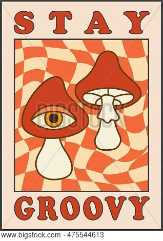Collection Of Bright Groovy Posters 70s. Retro Poster With Psychedelic Flowers And Mushrooms, Smile 