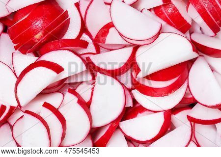 Radish Chopped Texture. Cut Radish Slices. Healthy Vegetable Background. Tasty Pland For Dinner. Raw