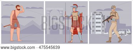 War Evolution History Set With Flat Compositions Of Ancient Warrior Medieval Knight And Modern Army 