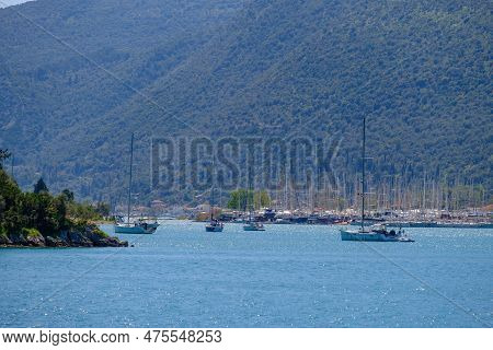 Sailboats In Nydri Harbour At Lefkada Island In Greece