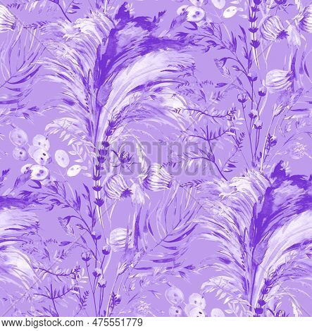 Seamless Monochrome Purple Pattern With Herbs And Pampas Grass For Textile