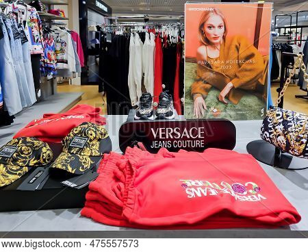 Latvia, Riga, April, 2023 - Versace Expensive Fashion Brand Display In Stockmann Shopping Mall. Riga