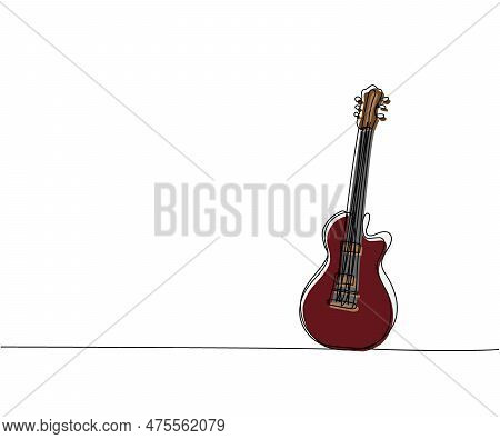 Bass Guitar One Line Color Art. Continuous Line Drawing Of Musical, Equipment, Song, Guitar, Electri