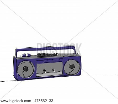Record Player, Tape Recorder One Line Color Art. Continuous Line Drawing Of Tape, Retro, Cassette, V