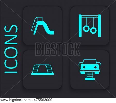 Set Swing Car, Slide Playground, Gymnastic Rings And Monkey Bar Icon. Black Square Button. Vector