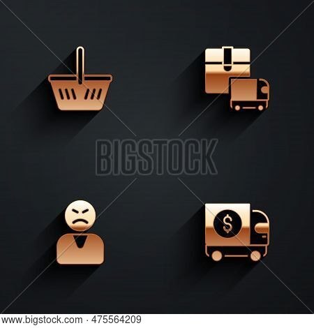 Set Shopping Basket, Delivery Cargo Truck, Angry Customer And Armored Icon With Long Shadow. Vector