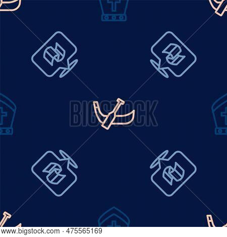 Set Line Pope Hat, Flag Italy And Gondola Boat On Seamless Pattern. Vector