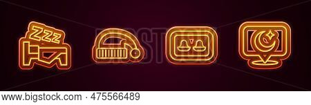 Set Line Time To Sleep, Sleeping Hat, Earplugs With Storage Box And Moon And Stars. Glowing Neon Ico