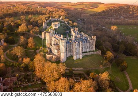 Arundel Castle, Arundel, West Sussex, England, United Kingdom. Bird Eye View. Beautiful Sunset Light