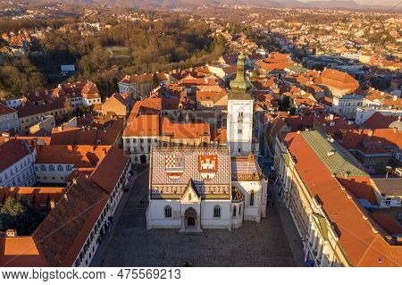The Church Of St. Mark Is The Parish Church Of Old Zagreb, Croatia In St. Mark's Square. On The Roof