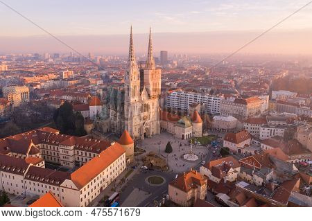 Zagreb Cathedral In Croatia. It Is On The Kaptol, Is A Roman Catholic Institution And The Tallest Bu