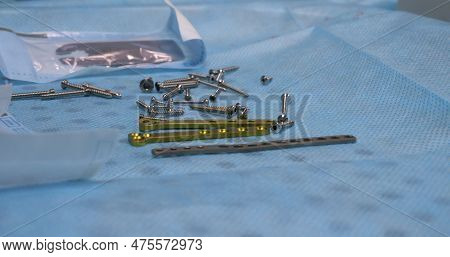 Close-up. A Set Of Sterile Instruments For Osteosynthesis On The Table In Surgery. In The Operating 