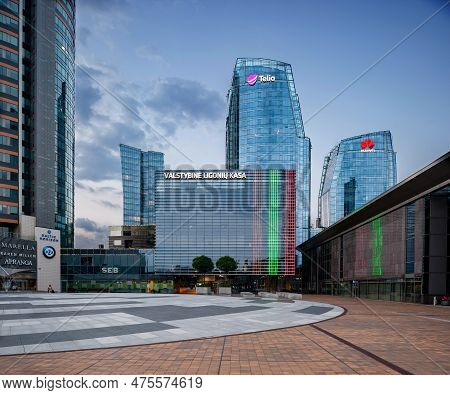 Vilnius, Lithuania - August 10, 2020: Vilnius Business District With Skyscrapers In Background. Lith