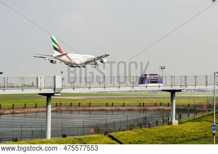 London, England - September 27, 2017: Emirates Airlines Airbus A380 A6-edu Landing In London Heathro