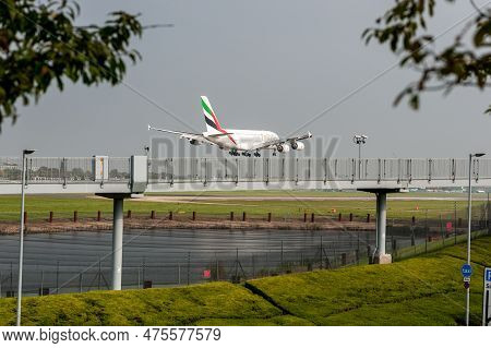 London, England - August 22, 2016: Emirates Airlines Airbus A380 A6-edu Landing In London Heathrow I