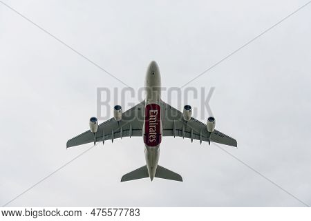 London, England - September 27, 2017: Emirates Airlines Airbus A380 A6-eoc Taking Off In London Heat