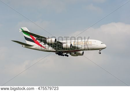 London, England - September 27, 2017: Emirates Airlines Airbus A380 A6-edu Landing In London Heathro