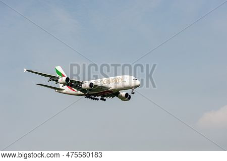 London, England - September 27, 2017: Emirates Airlines Airbus A380 A6-edu Landing In London Heathro