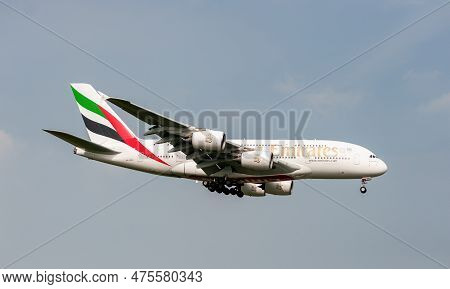 Vilnius, Lithuania - August 10, 2020: Emirates Airlines Airbus A380 A6-edu Landing In London Heathro
