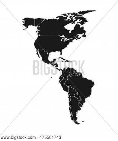 Map Of North And South America In Black. Map Of The Americas With Country Borders On A White Backgro