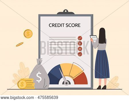 Credit Score Concept. Woman With Notebook Analyzes Income And Expenses. Bank Employee Makes Rating O
