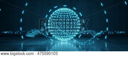 Glowing Ball. Abstract Neon, Panoramic Background, Neon Light On A Concrete Surface. Laser Show, Imp