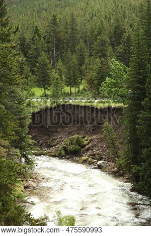 Flood Eroded Bank Of Rock Creek Along Beartooth Highway In Beartooth Mountains, Montana