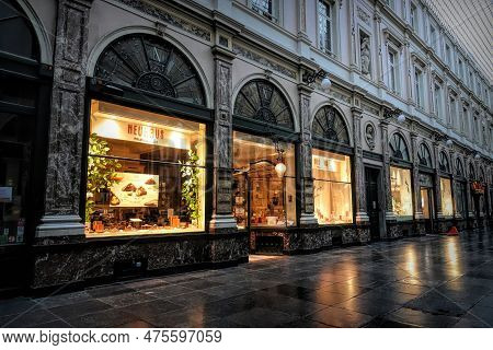 Brussels, Brabant, Belgium 04 27 2023 Wide Angle Shot On The Belgian Neuhaus Chocolate Store In The 