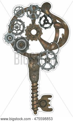 Sticker Of Colorful Steampunk Key Hand Drawn Illustration. Key Sticker Drawn By Colored Pencils.