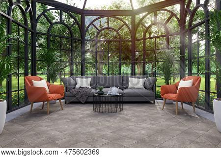 Modern Classical Style Transparent Living Room Interior With Nature View 3d Render,there Are Glass W
