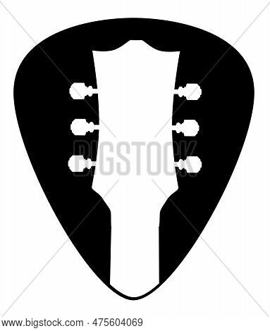 A Guitar Plectrum In With Guitar Headstock Isolated On A White Background.