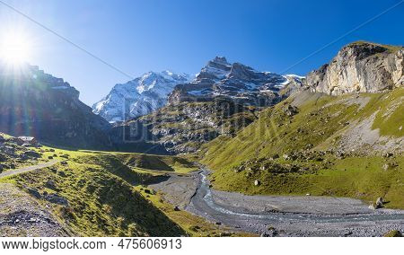 Switzerland Mountain Valley Kiental, Berner Oberland Alps. Snow Mountains, Sunny Weather, Travel To 