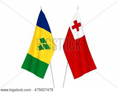 National Fabric Flags Of Kingdom Of Tonga And Saint Vincent And The Grenadines Isolated On White Bac