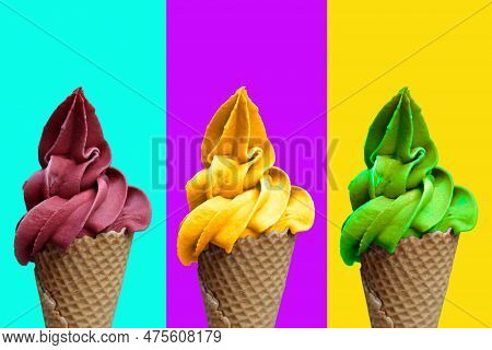 Three Delicious Soft Ice Creams In A Wafer Cone, Against A Colourful Background.