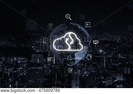Cloud Computing Icon With Virtual World And Technology Icon On City Scape For Cloud Tech Which Trans